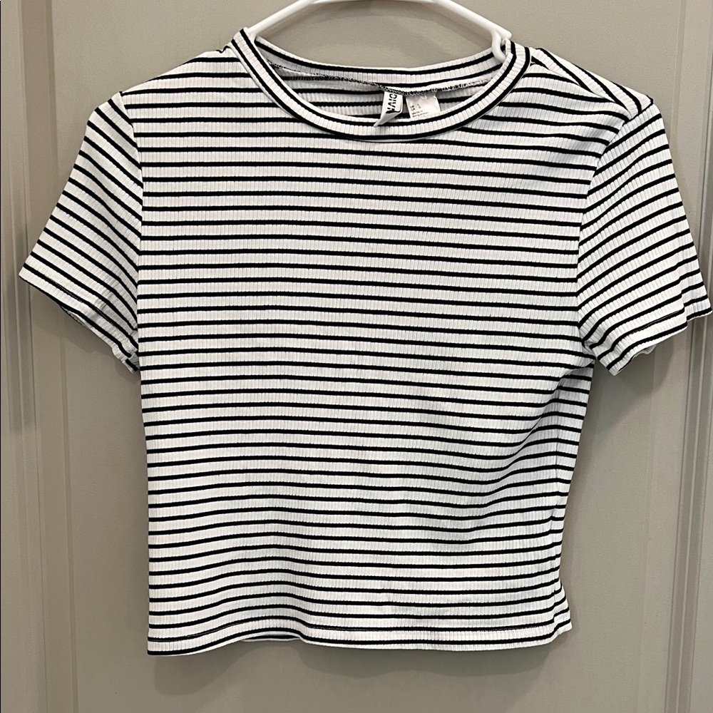 Divided Black and White Striped Short Sleeve Top